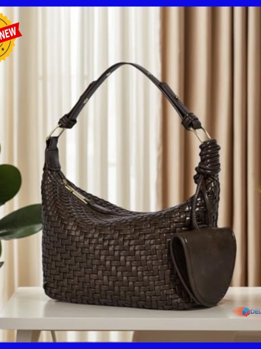 Handwoven Leather Hobo Crossbody Bag, Adjustable Strap, Zippered Compartment - Picture 3 of 6